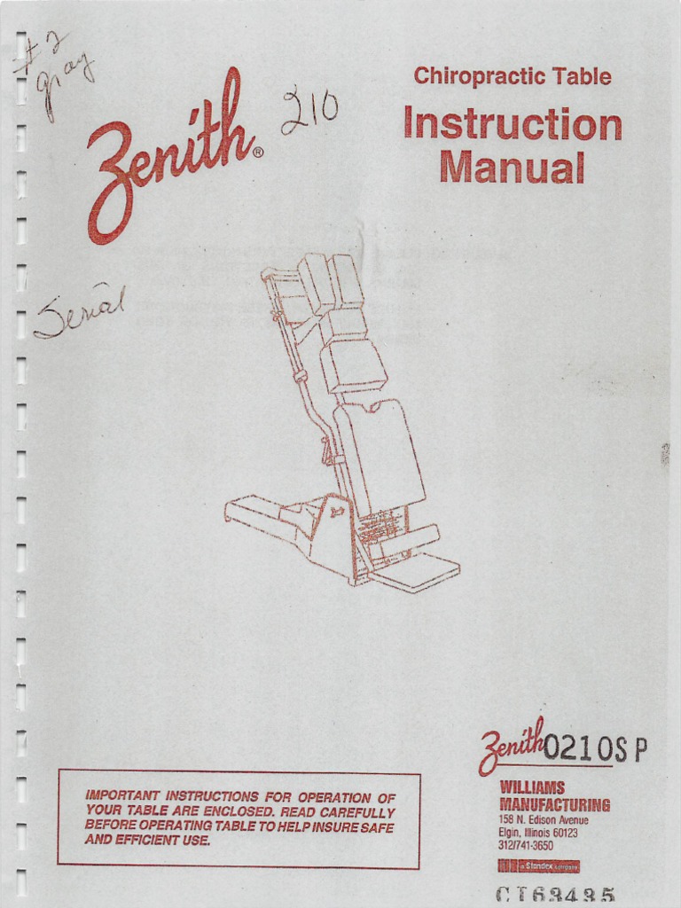 zenith chiropractic table instruction manual