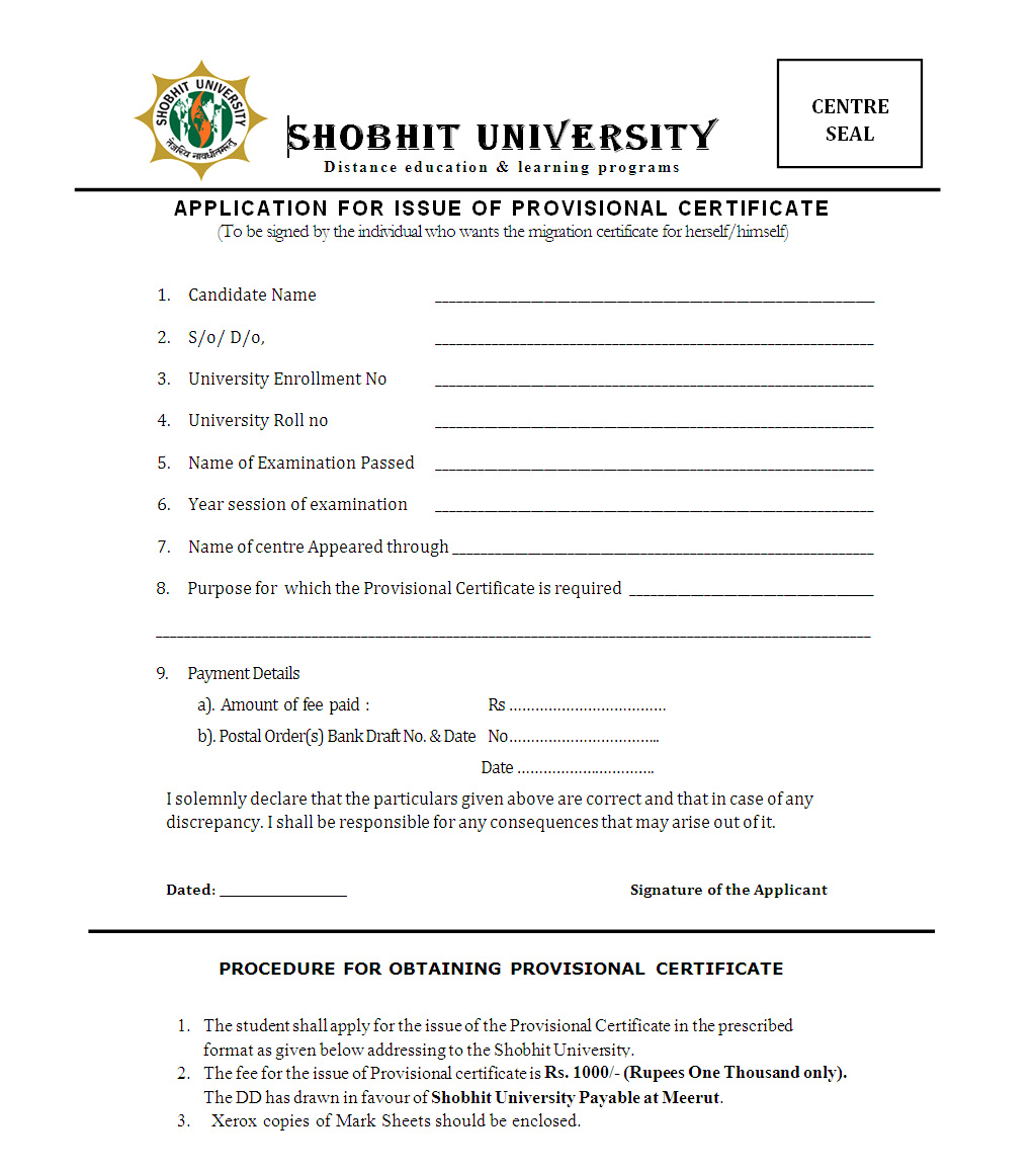University of kerala provisional certificate application form